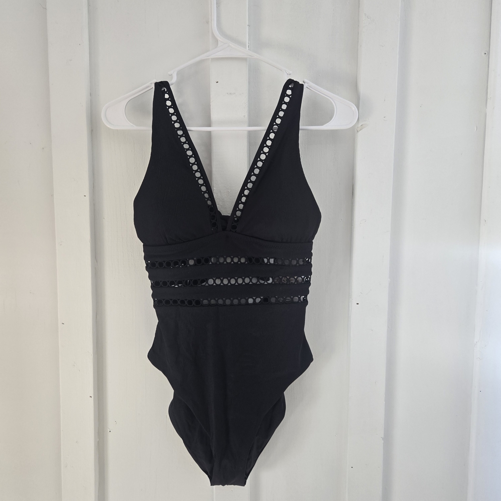 NWT Becca by Rebecca Virtue Black Ribbed Color Play One-Piece - Small
